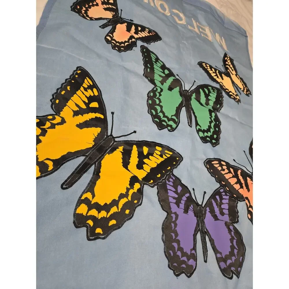 Cottage Garden Butterfly Blue Monarch Vtg XL Greeting Banner Welcome Spring...